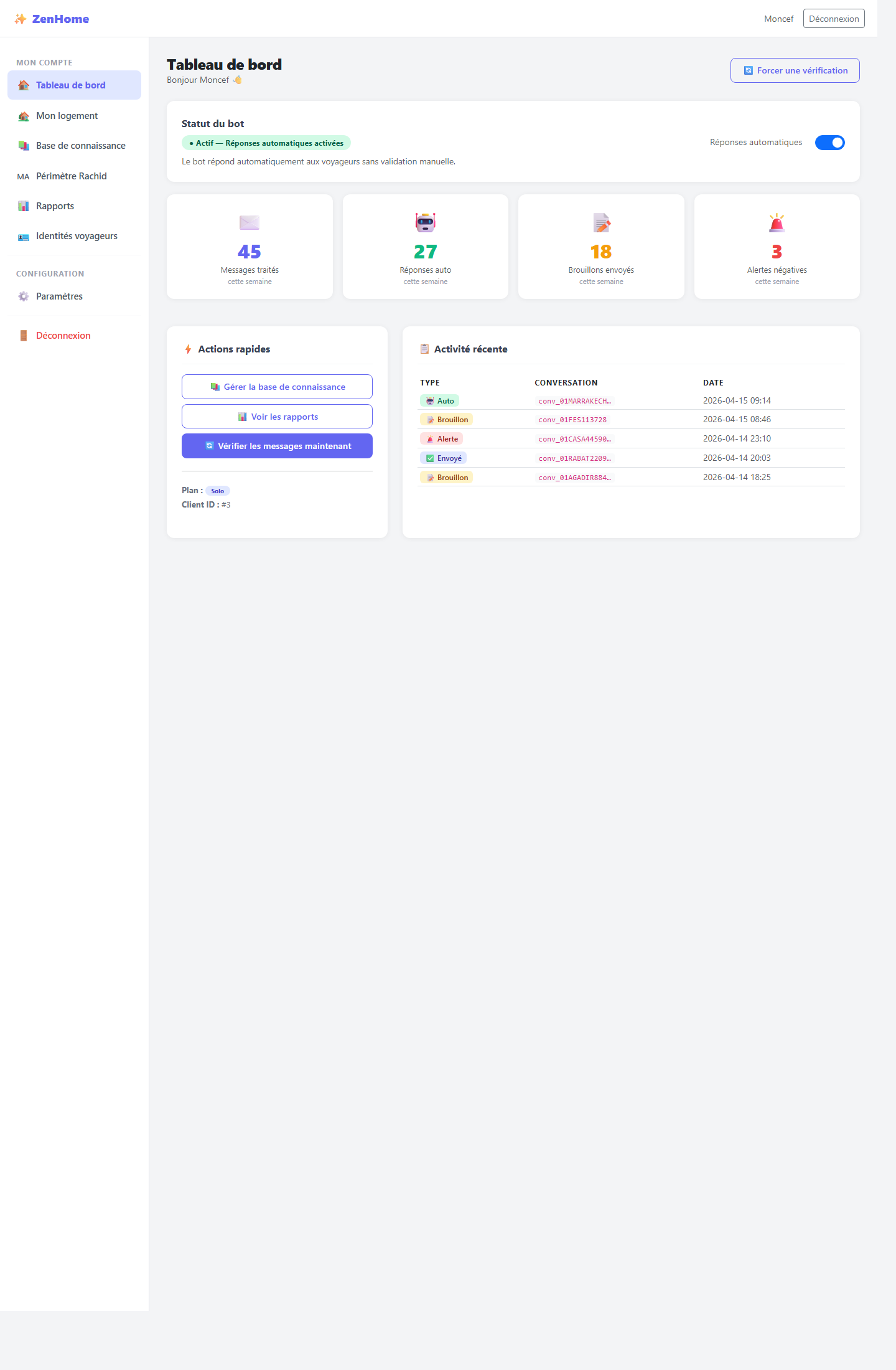 Capture du tableau de bord ZenHome AI avec réponses automatiques, brouillons et alertes.